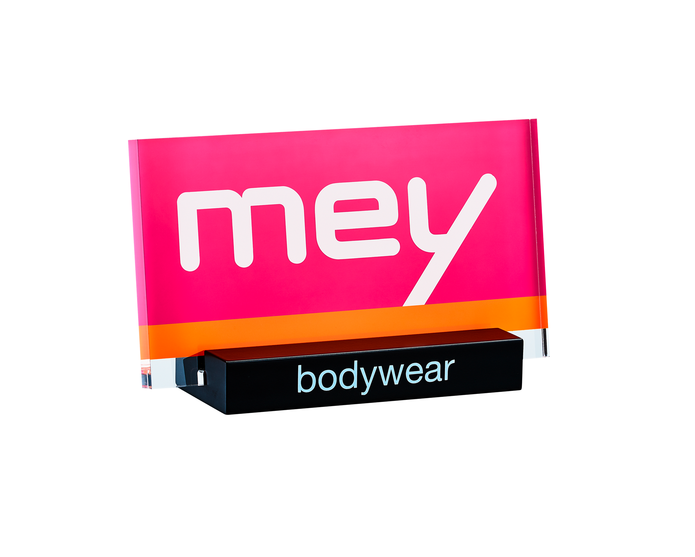 Logoaufsteller aus Acryl mit 3-farbigem Hinterglasdruck. Sockel aus lackiertem Holz.