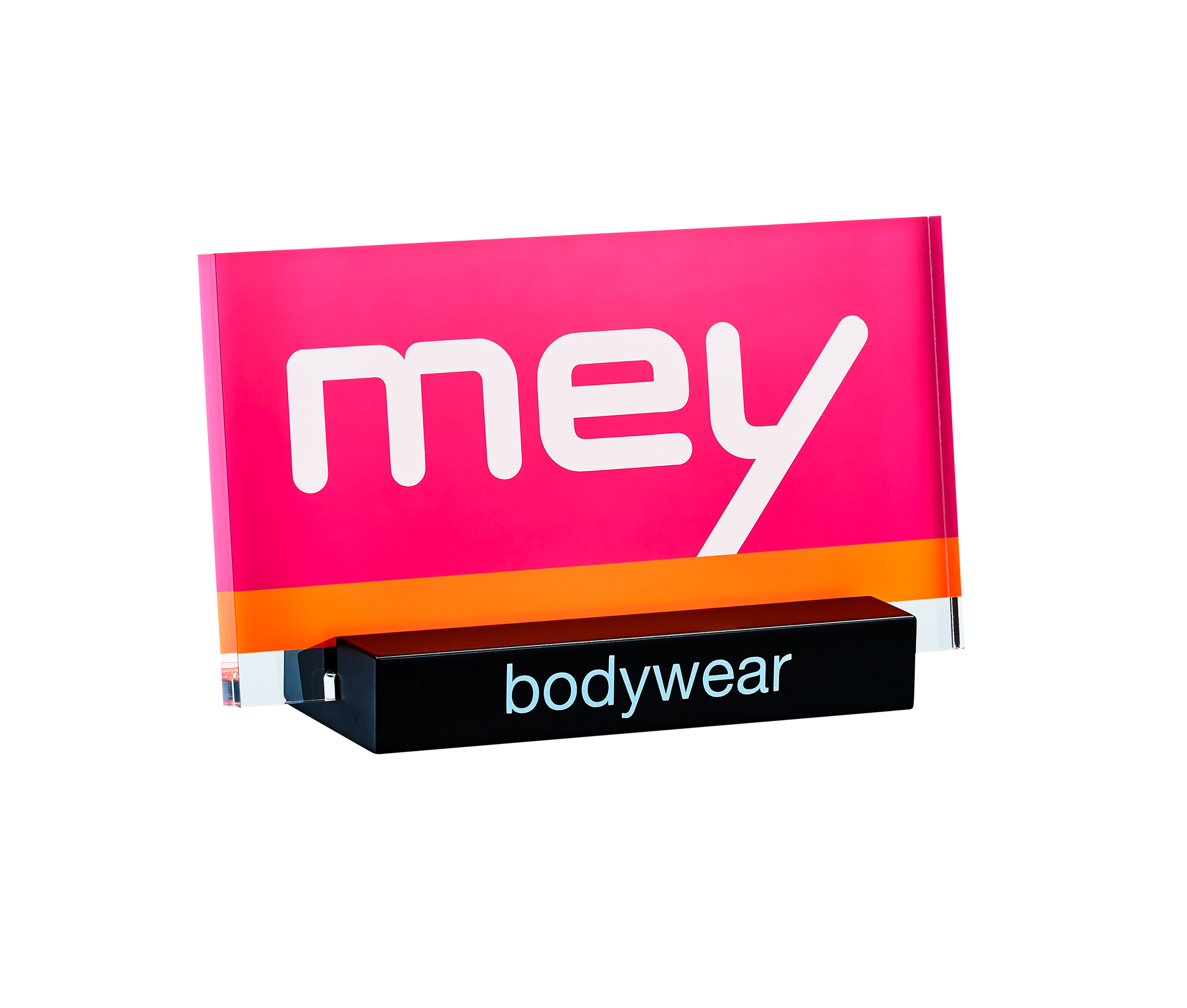 Logoaufsteller aus Acryl mit 3-farbigem Hinterglasdruck. Sockel aus lackiertem Holz.