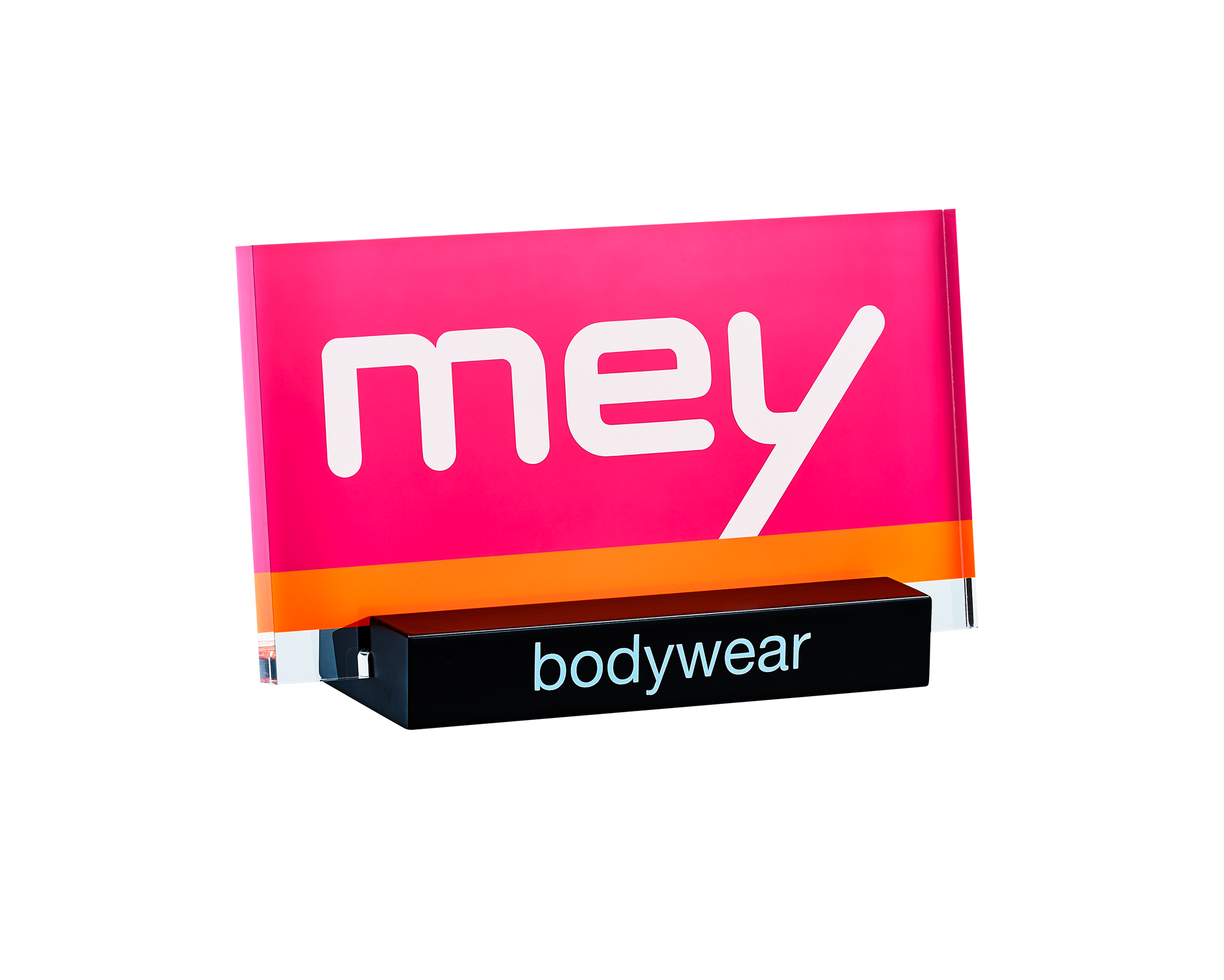 Logoaufsteller aus Acryl mit 3-farbigem Hinterglasdruck. Sockel aus lackiertem Holz.