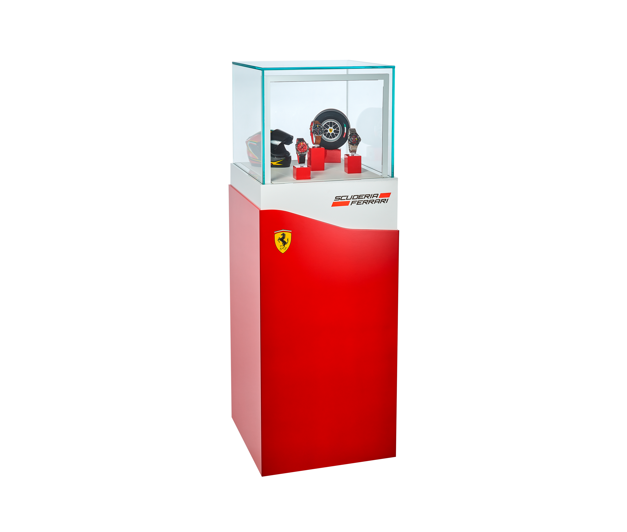 Formschöne Umsetzung einer Präsentationsvitrine für die Marke Ferrari. Hochglanzlackierung und gehobene Ausstattung.