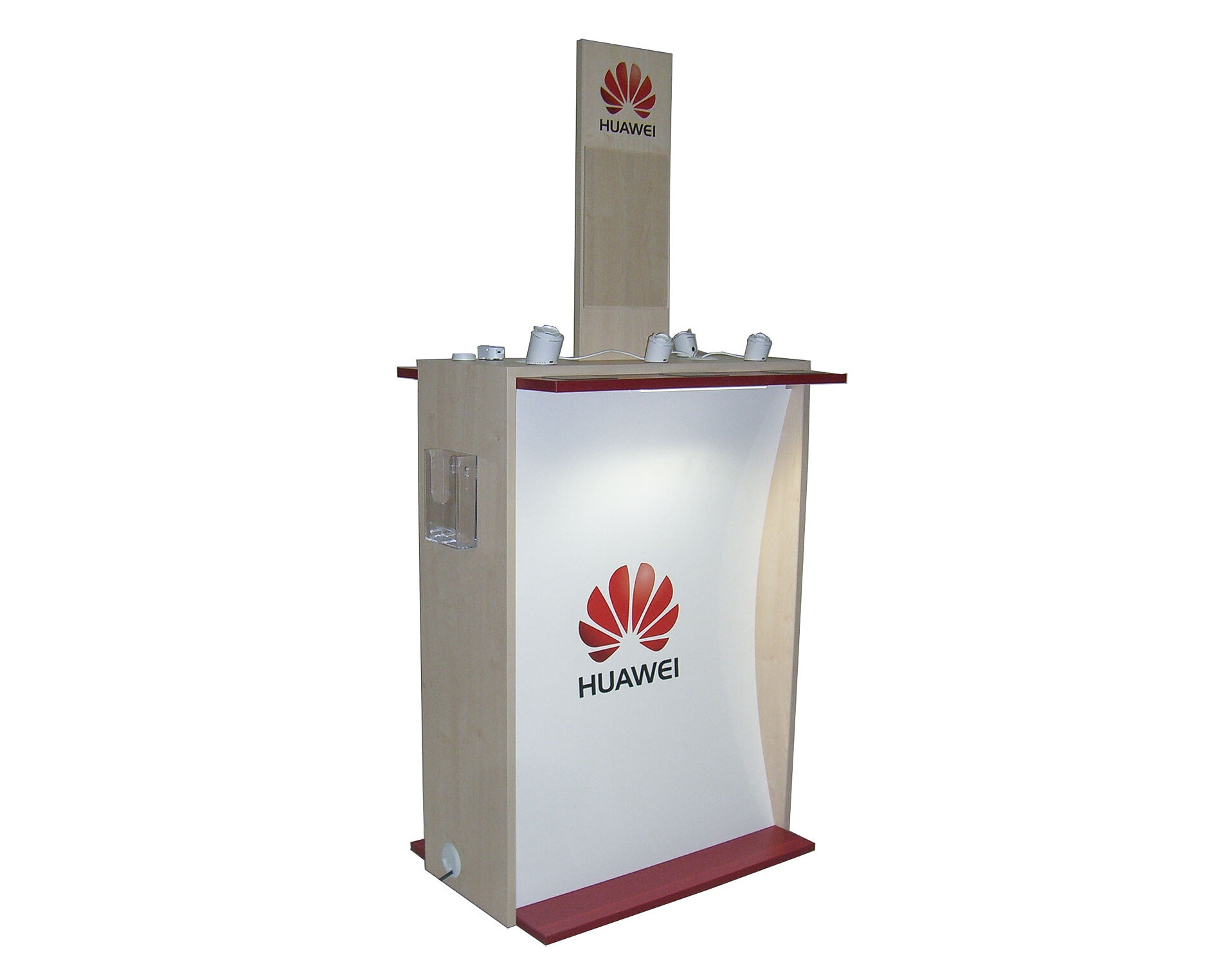 Holzdisplay in Kombination mit Kunststoff. Teststation für 6 Smartphones mit Diebstahlsicherung.