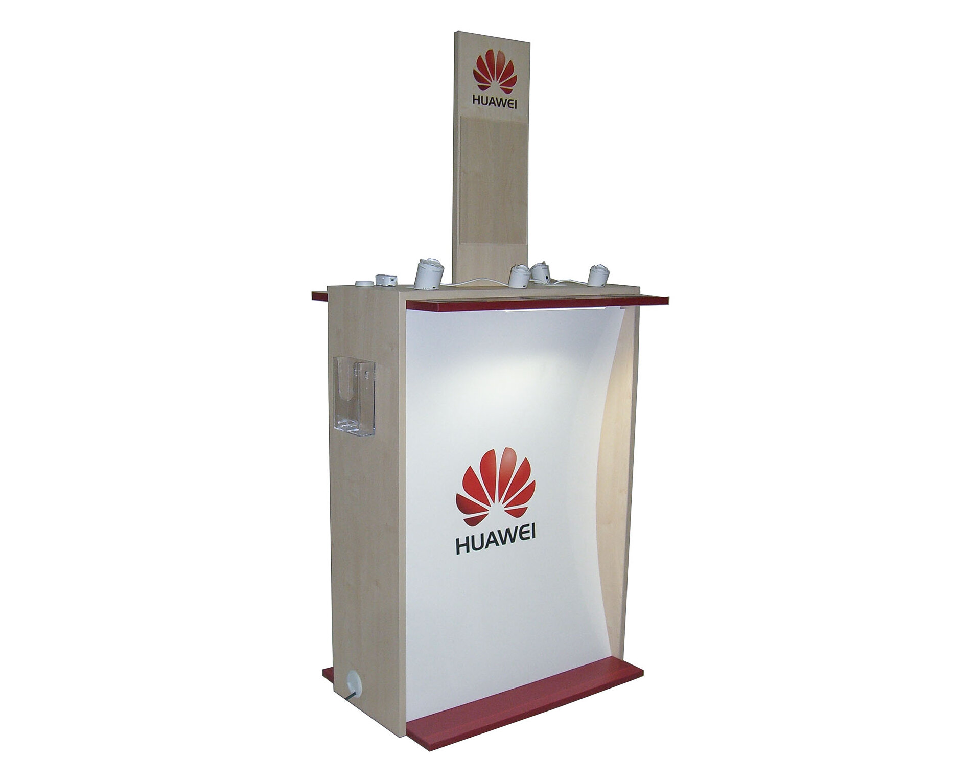 Holzdisplay in Kombination mit Kunststoff. Teststation für 6 Smartphones mit Diebstahlsicherung.