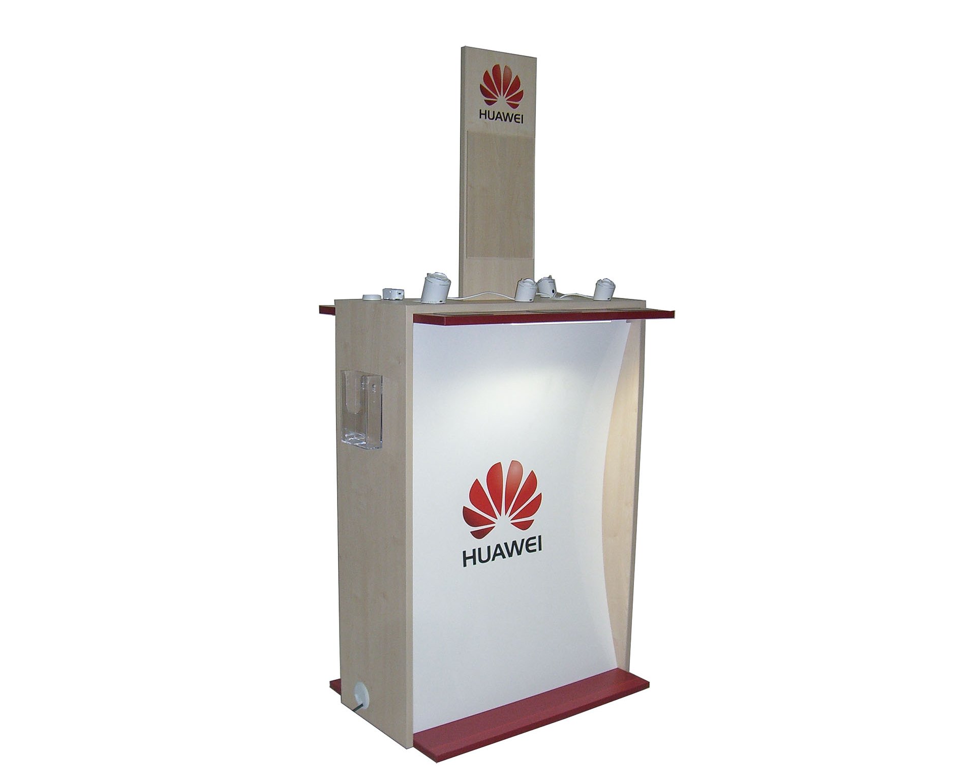 Holzdisplay in Kombination mit Kunststoff. Teststation für 6 Smartphones mit Diebstahlsicherung.